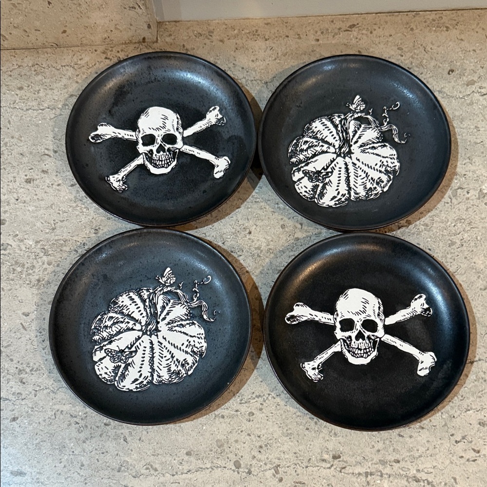 Black Skull and Pumpkin Ceramic Plates Set. Set of 4.